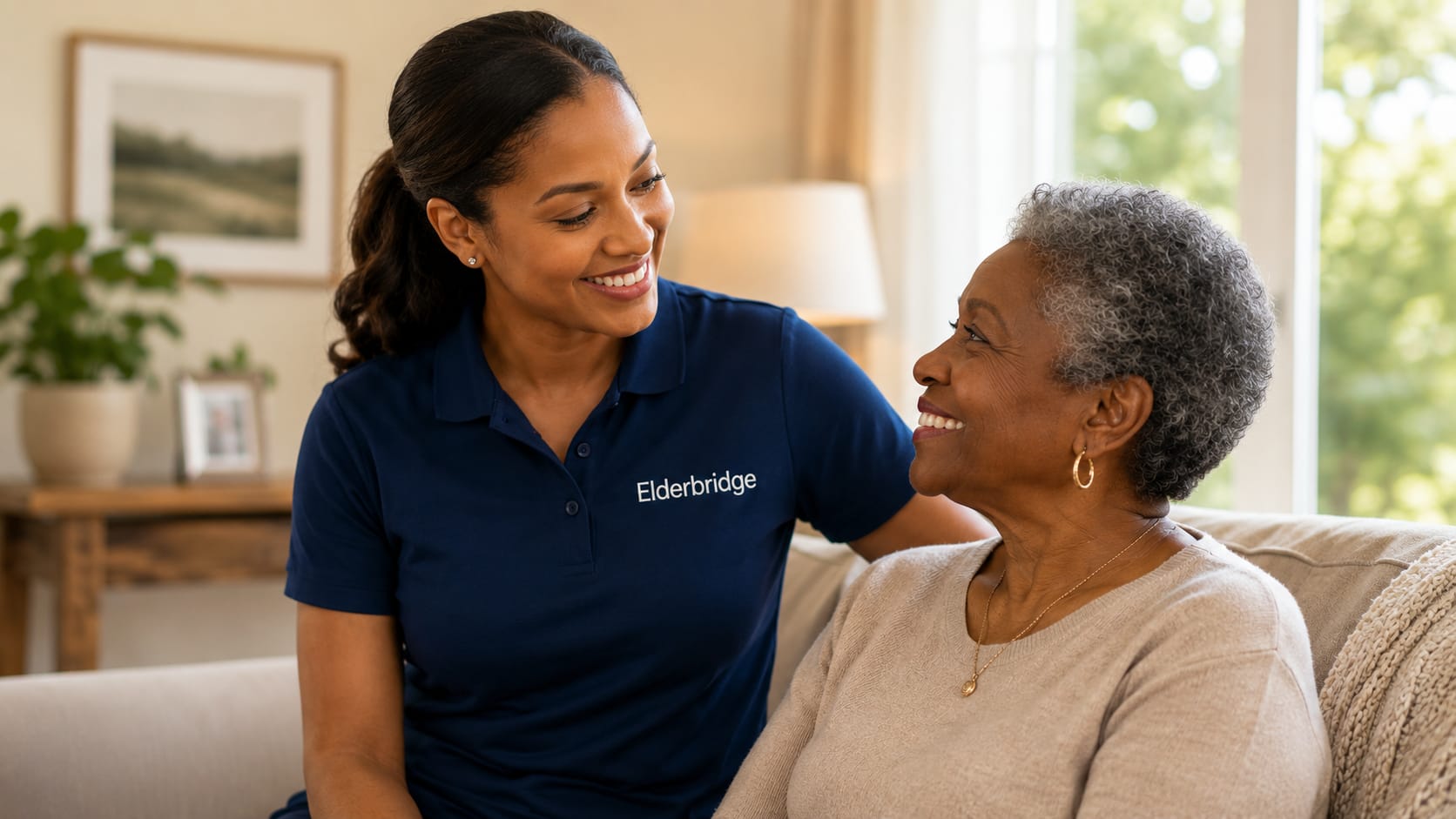 A man presenting flowers to a smiling elderly woman at a dining table, surrounded by warmth and care, the spirit of ElderBridge